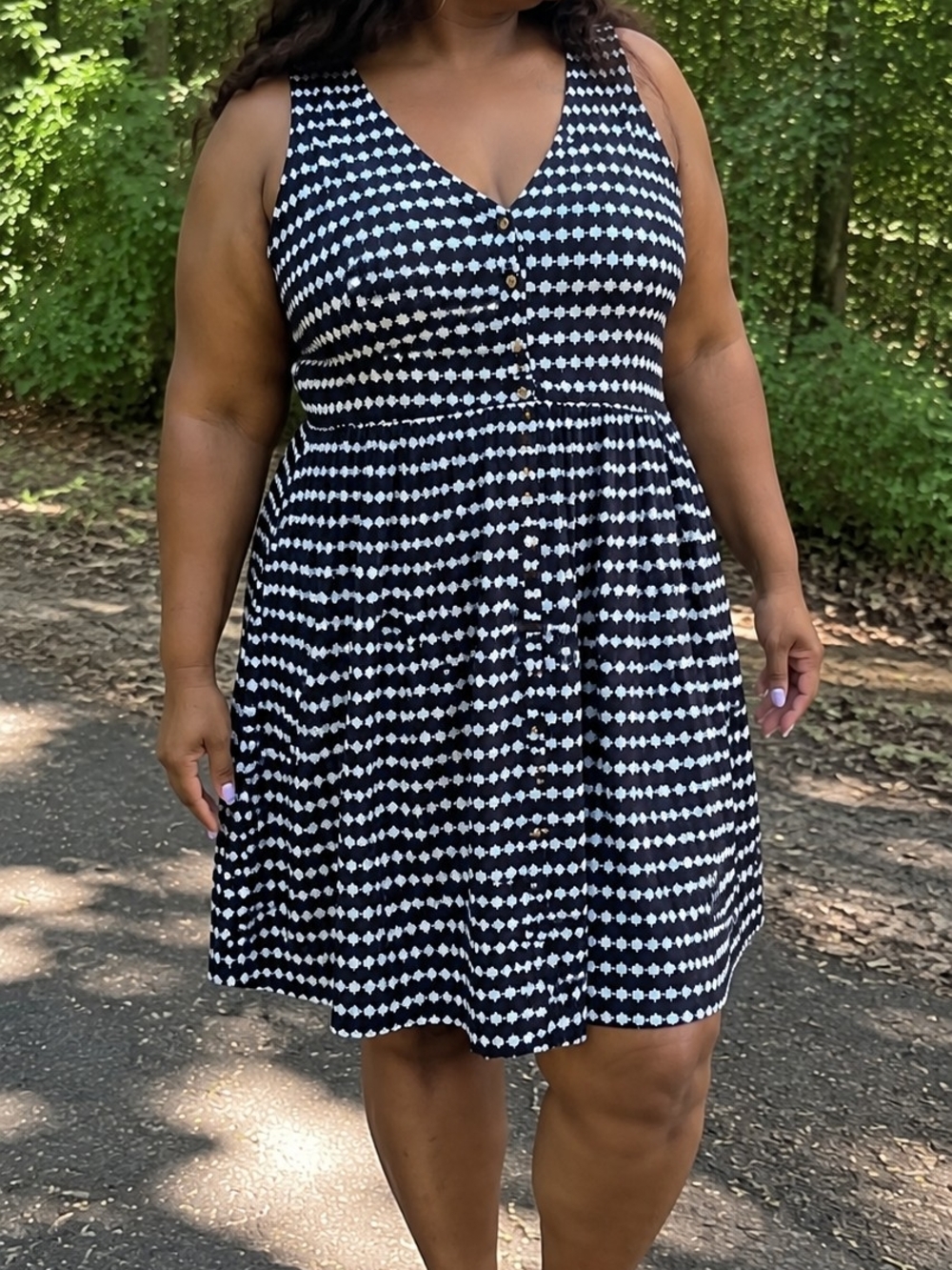 LOFT Black & White Sleeveless V-Neck Button-Front Midi Dress